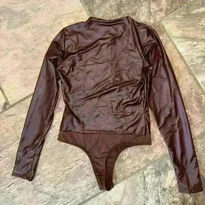 NWT Faux Leather Mock Neck Bodysuit in Cocoa
